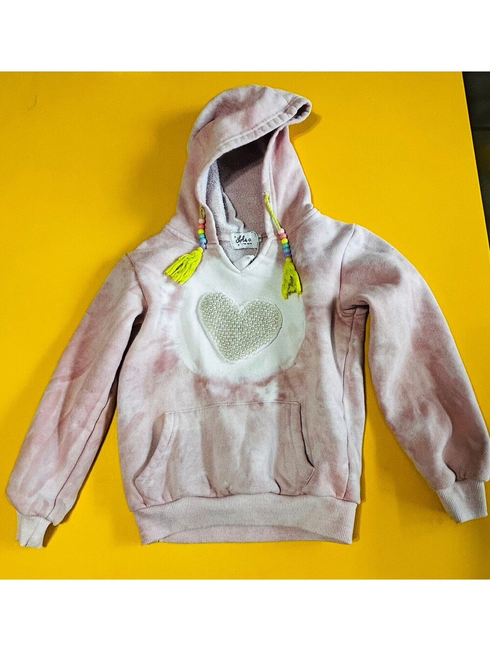 Lola + The Boys Pink Tie Dye Hoodie Size 8 Faux Pearl Heart Beaded Tassel Fleece